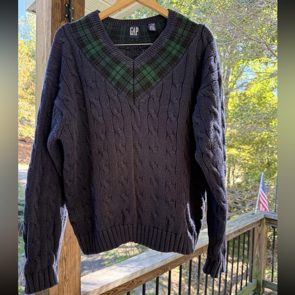 VTG 100% Cotton GAP Men's Cable Knit Blue Sweater Green Plaid Preppy JFK Jr. - Picture 3 of 6